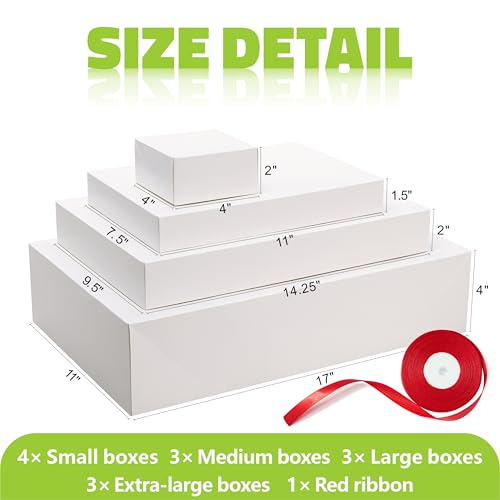 Bobobag 13 Pack White Gift Boxes with Lids for Presents, Assorted size Gift Boxes for Christmas ( 3 Extra large 17",3 Large 14.25",3 Medium 11",4 Small 4" ,Red Ribbon ), 4 inch Deep Box for Wrapping Robe Scarf Mug. - Image 3