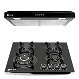 FLINE | Combo parrilla de gas y Campana Acero Inoxidable | negra 60 cm| vidrio templado y acero...