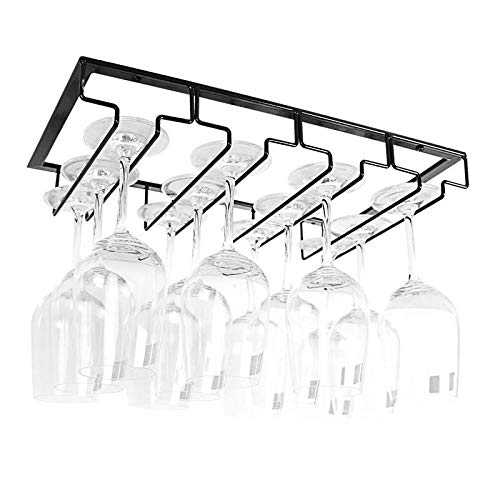 FIAMER - Soporte para copas de vino, organizador de metal, 4 filas, estante de almacenamiento bajo gabinete de acero inoxidable, color negro