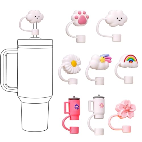Image of HASTHIP 8PCS Silicone Straw Cover Caps for Stanley Cup, Cartoon Straw Toppers for 10mm Straws, Dust-Proof Reusable Covers for 30oz 40oz Tumbler, Food-Grade BPA-Free Stanley Cup Accessories