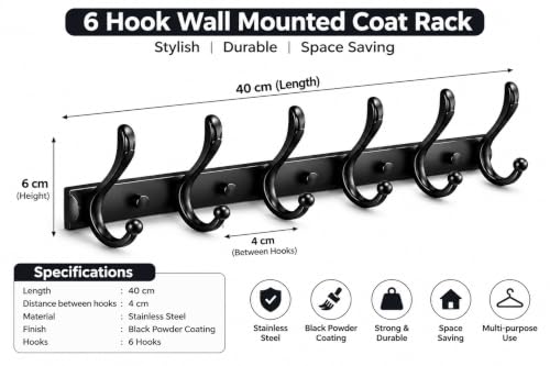 Image of Exclusive Extra Long 40 cm Antique Brass 6 Pin Metal Bathroom Cloth Hooks Hanger Door Wall Robe Hooks Rail for Hanging Keys, Clothes, Towel (2, Black)