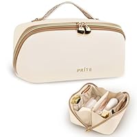 Prite Large Capacity Makeup Bag Portable Travel Cosmetic Bag Waterproof Toiletry Case with Clear Divider and Handle (Beige L)