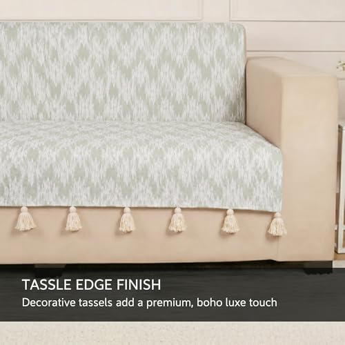 Image of STITCHNEST 'Verdant Ikat Stories' 3 Seater Sofa Cover - Full Coverage| Elegant Jacquard Fabric, Decorative Tassels, Washable & Durable for Modern Living