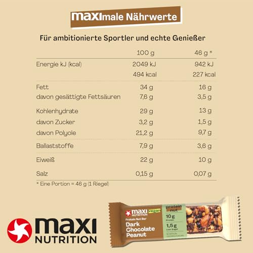MaxiNutrition Dark Chocolate Peanut Nussriegel vegan 12x46g – Protein Riegel aus ganzen Nüssen mit 22% Protein, plant based, ohne Zuckerzusatz, ohne künstliche Aromen