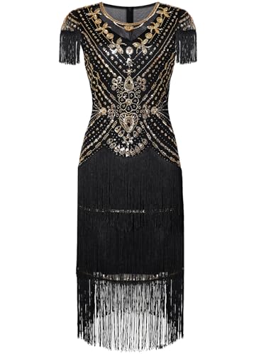 RRYIO Flapper 1920s Dresses for Women,Crew Neck Great Gatsby Dresses with Sleeve Roaring 20s Dress for Harlem Nights (Black Gold, S)