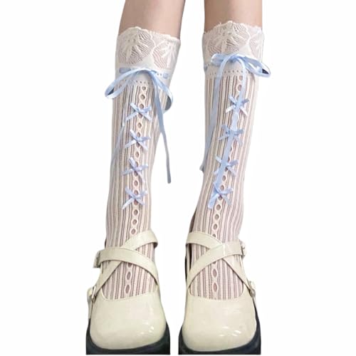 Womens Y2K Lace Gothic Lolita Socks Teen Girls Kawaii Cute Bows Highs Sexy Sheer Trouser Socks Fishnet Stockings