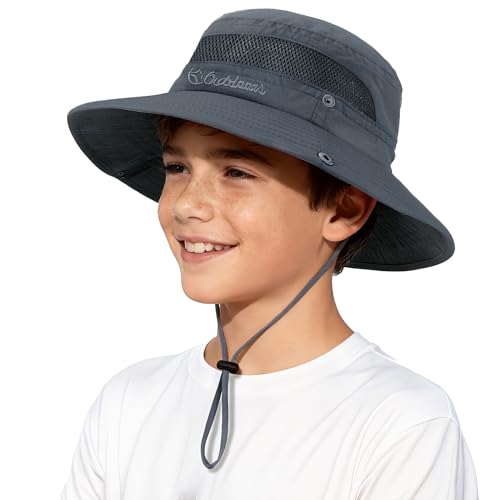 Kids Sun Hat UPF 50+ Sun Protection Bucket Hat for Kids Boys Girls Beach Fishing Safari Adjustable Safari Hats Deep Grey 5-13 Years