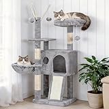 Hey-brother Kratzbaum, 105 cm Klein stabil Katzenbaum mit abnehmbaren Spielzeugen, Höhle, 1 Plattform, 1 Katzenkorb, Sisalkratzplatte und Plüschkugel, geeignet für Kätzchen, Hellgrau EMPJ008SW