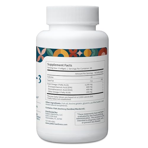 Image of Pattern Wellness Omega 3 Softgels - Pure Fish Oil Formula - Helps Maintain Brain, Heart & Joint Health - 3rd Party Lab Tested - Non-GMO, Dairy-Free, Gluten-Free - 120 Softgels