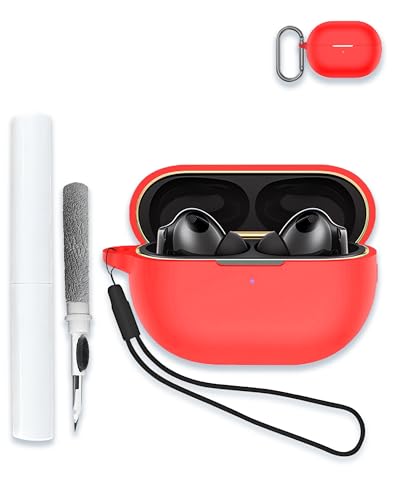 Capa para fones de ouvido Huawei FreeBuds Pro 4 True Wireless Stereo (TWS), capa protetora de silicone macio WUNIAK portátil resistente a arranhões com kit de limpeza, mosquetão e cordão, vermelho