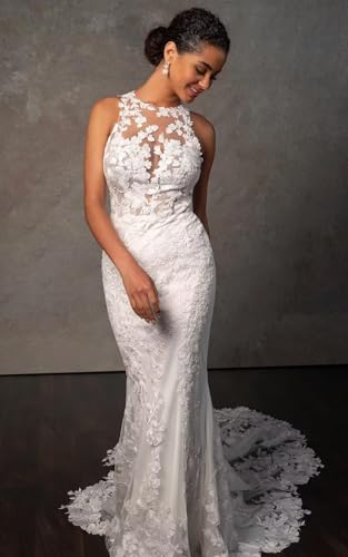 Tulle Mermaid Wedding Dresses Lace Applique Boho Bridal Dress Halter Neck Backless Wedding Gowns with Train4