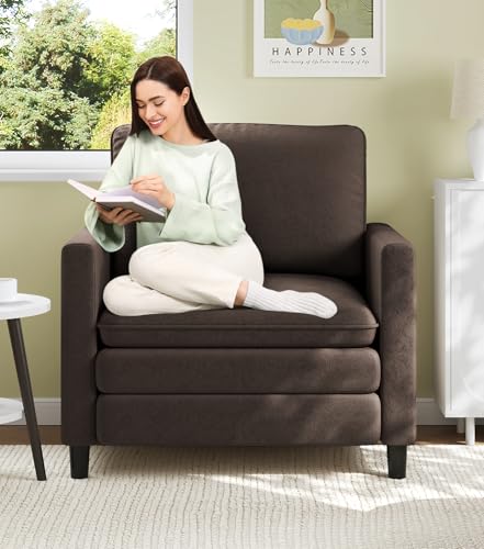 Image of Welzona 3-Layers Cloud Accent Chair, 33 inch Reading Chair, Teddy Arm Chairs | Comfy Teddy Fabric, Washable Covers, Tool-Free Setup, All-wood Couch Chair for Living Room, Bedroom, Reading Nook, Brown