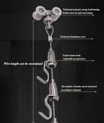 Image of Picture Rail Hanging System Picture Hanging Kit with Silent Pullys, Photo Display Stand with 3 5 6 8 10 FT Long Steel Cords, Hanging Picture Frames for Wall Decor(3.3 inch /1m Cable,42 inch /106cm Track)