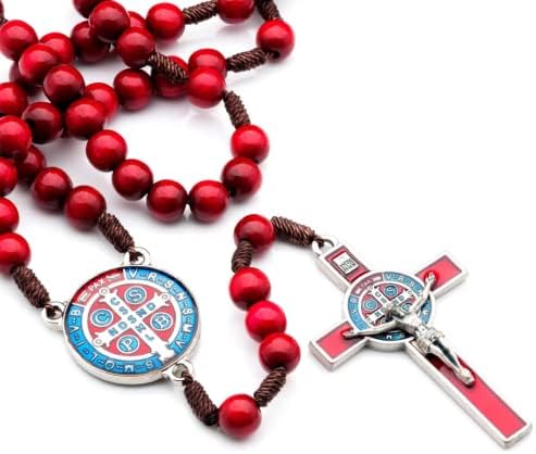 Terço Madeira Vermelho Cordão 10mm Sao Bento Cruz Metal RES COLOR