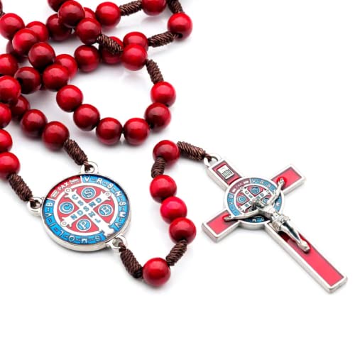 Terço Madeira Vermelho Cordão 10mm Sao Bento Cruz Metal RES COLOR