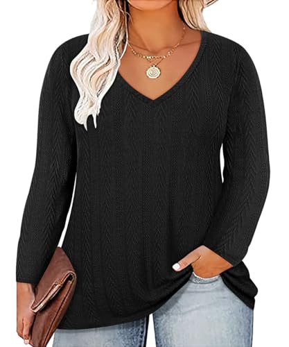 Image of CARCOS Plus Size Tops for Women Long Sleeve Raglan V Neck T Shirts Tunic Fall Blouse Xl-5Xl 14W -28W