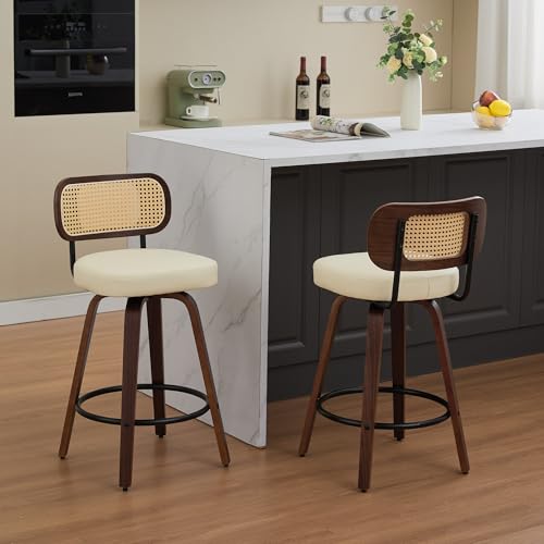 Image of YaFiti Counter Height Bar Stools Set of 3, 26 inch Rattan Counter Height Stools with Upholstered Seat, Walnut Craftsmanship, Swivel Counter Stools for Island /Kitchen /Counter /Bar (Pearl White)
