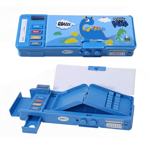 Image of Kids Dinosaur Pencil Box with Multi-Function Pop-Out Buttons | Dual Storage, Built-in Sharpener, Writing Pad, Password Lock | Premium ABS Plastic Pencil Case for Boys & Girls