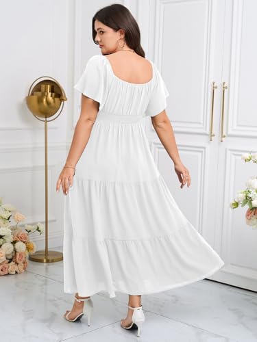 Image of SCOMCHIC Womens Plus Size Maxi Dress Formal Short Sleeve Square Neck Smocked Side Split Flowy A Line Tiered Long Dress