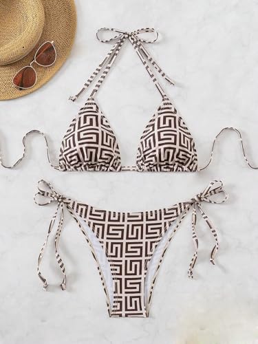 Image of ZAFUL Womens Printed Triangle Bikinis 2 Piece Halter Bikini Sets High Cut Bathing Suit Side Tie Swimsuits