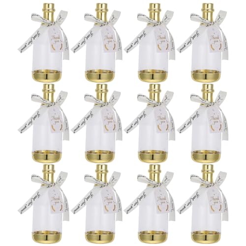 OUNONA Lot de 12 Boîtes à Bonbons en Plastique Couleur Or Clair avec Ruban Beige, Mini Bouteilles à Bonbons pour Mariage, Anniversaire et Shower, Contenants...