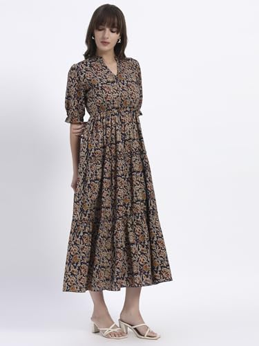 Image of Women's Fit and Flare Dress I Pure Cotton Long Summer Maxi Dress I V-Neck I Casual Wear I Printed Kalamkari Floral Middi