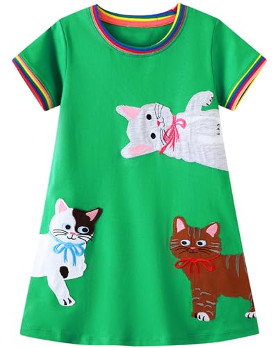 Toddler Girls Cotton Embroidery Applique Short Sleeve Dresses 2-7Y