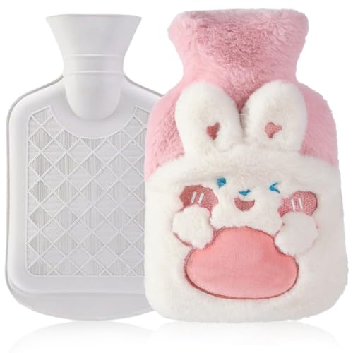 JYNVO Bolsa de agua caliente con diseño de conejo, 500 ml, para niños, con tapa, extraíble, lavable, a prueba de explosiones y fugas