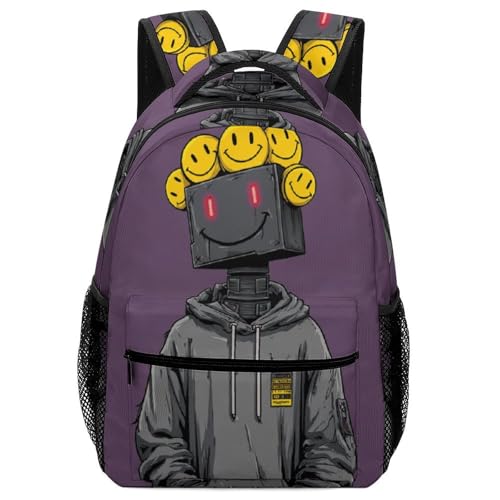 PPANGI Back to School Backpack for Boys Girls Robot Smiley Face Kawaii Style Lightweight Backpacks Bookbag