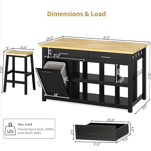 image for DynJest Kitchen Island with Storage and Seating Include 2 Bar Stools, 