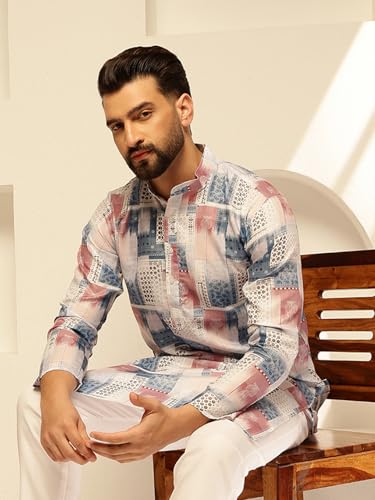 Image of SOJANYA (Since 1958 Men's Cotton Linen Abstract Printed Kurta with White Pyjama