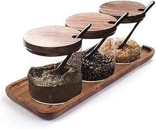 MEETOZ Condiment Container Seasoning Box Set, with Wooden Spoon Lid and Base, Salt Sugar Spice Pepper Condiment Container Jar Set of 3 - Rectangular
