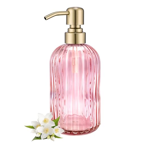 Image of 16 OZ Pink Glass Soap Dispenser,Clear Pink Stripe Bathroom Hand Soap Dispensers with Stainless Steel Gold Pump, Pink Kitchen Hand Soap Dispenser with Brushed Gold Pump