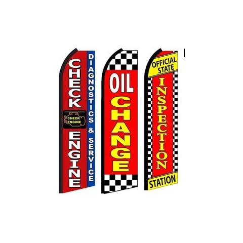 OnPoint Wares Check Engine Signs Pack of 3 | 3 ft x 11.5 ft Oil Change Advertising Signs | Weatherproof Polyester Flags for Official State Inspection Business | Outdoor Flags (Hardware Not Included) Cover