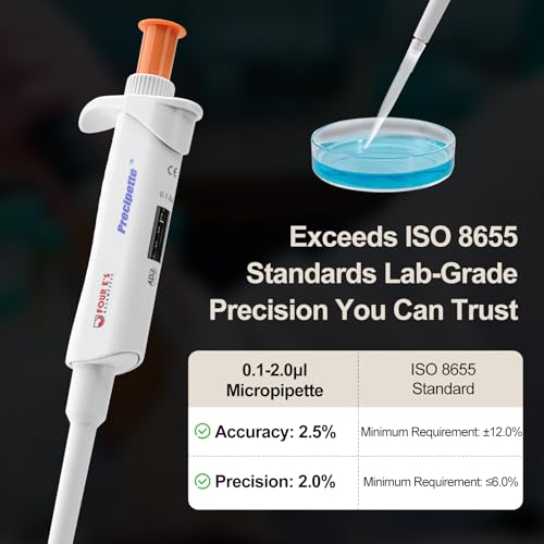 Image of 4E's USA Lab 0.1-2.0μL Pipette: Single-Channel Adjustable Micropipette with Color-Coded Top (Brown), 4 Digit Display, Universal Tip Cone, High Accuracy, ISO 8655 Calibrated & Lower Part Autoclavable