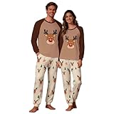 Pigiama di Natale per Coppia,Renna Stampato Coordinato Pigiami Albero di Natalizio Pyjamas Completi da Notte,Manica Lunga Felpa e Pantaloni Set Uomo Donna Pigiami Coordinati Leggero Invernale Completo