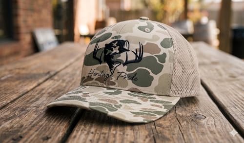 Image of Heritage Pride Deer Hunting Fishing Duck Hunt Mens Embroidered Mesh Back Trucker Hat, Harvest Duck Camo /Light Tan