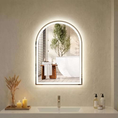 Image of NEWBULIG 28X20 Inch Arched LED Bathroom Wall Mirror with Lights, Light up Vanity Bathroom Mirror for Over Sink, Anti-Fog and Dimmable, Front Light and Backlit, Memory Function, Shatter-Proof, White
