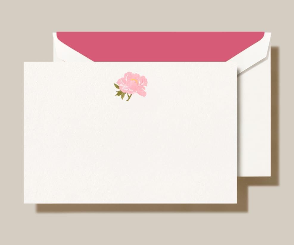 Crane & Co. Engraved Peony Note Set - Elegant Pink Flower Design with Matching Envelopes, for Sweet Notes and Special Occasions, Classic Style Paper Cards.