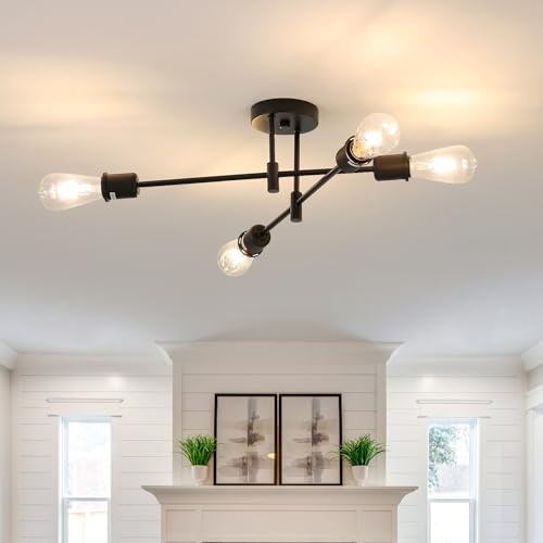 Comely Lampadario Industriale Nero, 4 Luci Plafoniera E27 Vintage, Lampadario da Soffitto Retro...