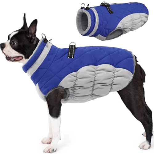 Image of AOFITEE Dog Coat, Warm Winter Jacket for Medium Dogs, Reflective Turtleneck With Built-in Harness, Waterproof Windproof Pet Fleece Vest Puffer, Blue M