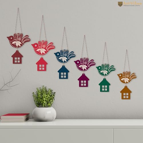 Artvibes Multicolored Flying Birds Wooden Wall Hanging for Home Decoration | Garden Balcony | Office | Cafe | Decorative Door Hanging | Festive Decor Art Items (WH_9104N), Pack of 6