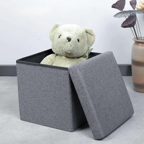 Image of HROY Foldable Storage Ottoman Cube with Padded Seat - Collapsible Footrest Stool with Hidden Storage Box for Living Room, Bedroom & Office (30L x 30W x 30H cm) (Grey, Cube)