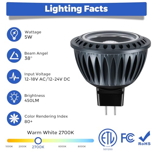 Gardencoin MR16 LED Light Blub, 5W 2700K Warm White 450 Lumens Dimmable, Aluminum Housing, Low Voltage 12V Input,GU5.3 b - Additional View
