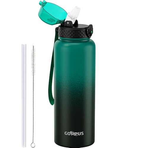 GOPPUS 1.2L/40oz Stainless Water Bottle with Straw Double Wall Insulated Bottles with Strap Large Vacuum Thermal Flask Leakproof Keep Cold Drinks Bottles with Flip Top Lid for Men Women BPA Free
