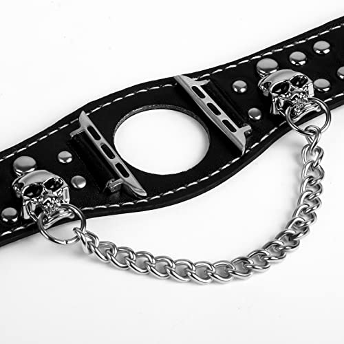 VIQIV Black Leather Skull Cuff Bracelet Compatible with Apple Watch Band Ultra 49mm 44mm 45mm 42mm 41mm 40mm 38mm Series 8 7 6 5 4 3 2 SE for Men Women, Personalized Punk Rock Chain Steampunk Wrist