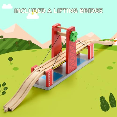 SainSmart Jr. Wooden Train Set for Toddler, Double-Side Wood Train Track with 4 Trains Fits Brio, Thomas, Melissa and Doug, Toy Railway Kit for Kids Ages 3+