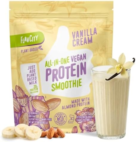 FlavCity Vegan Almond Protein Shake Powder, Vanilla Cream + Reish...
