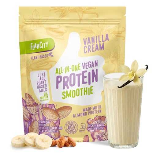 FlavCity Vegan Almond Protein Shake Powder, Vanilla Cream + Reishi & Cordyceps Mushrooms - Focus, Skin, Hair & Joint Support - Organic Fruit All in One Smoothie On-the-Go, 20 Servings