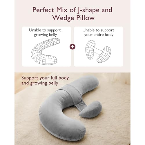 Image of J-Shaped Sleeping Pregnancy Pillow| Removable Velvet Covers| PregnoCare Fibres| Baby Shower Gift, Maternity, Nursing| Full Body Soft-Support Bump, Head, Back, Shoulder, Hips, Legs and Belly (Grey)